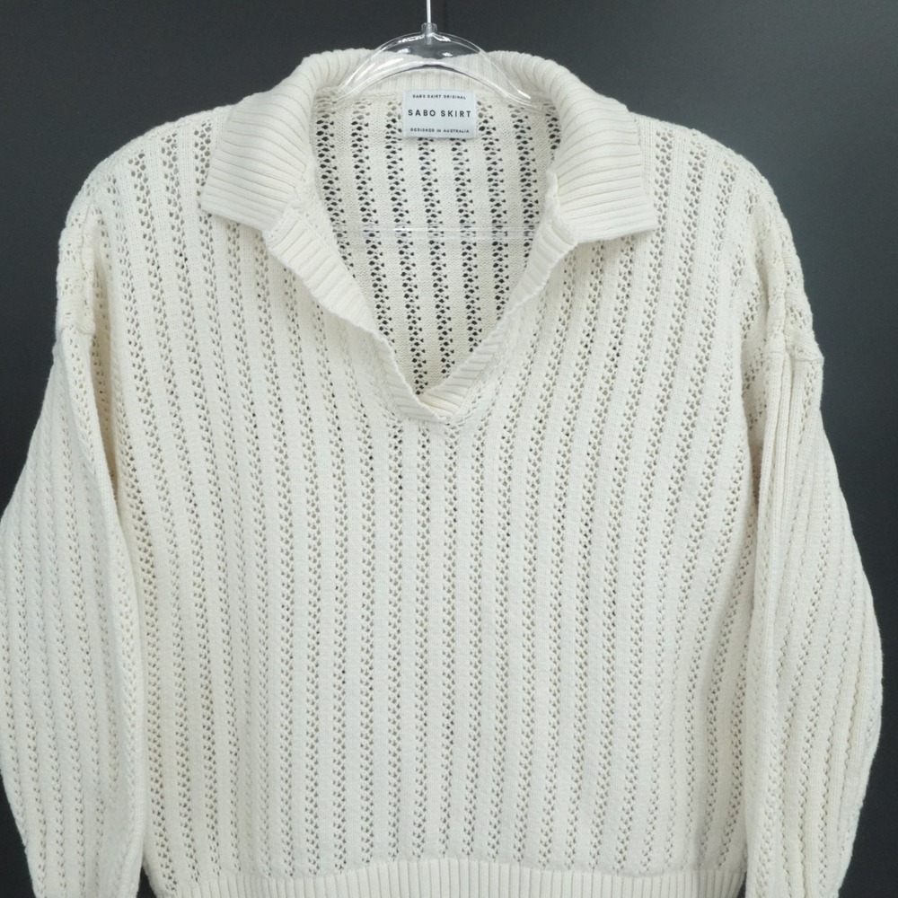 Sabo Skirt Sweater Womens Large Ivory Cream Open Knit Polo V Neck Coastal Preppy - Picture 7 of 11
